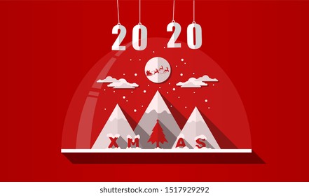 Christmas landscape background with snow and tree, mount, clouds, deers with Santa on the sky. Red and white vector flat illustration. 2020 year