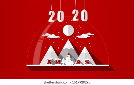 Christmas landscape background with snow and tree, mount, clouds, deers with Santa on the sky. Red and white vector flat illustration.