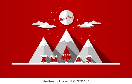 Christmas landscape background with snow and tree, mount, clouds, deers with Santa on the sky. Red and white vector flat illustration. 