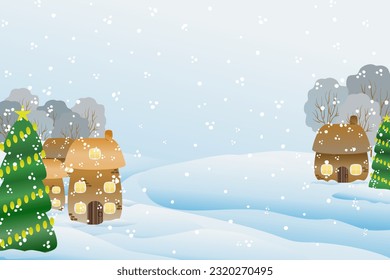 Christmas landscape background with snow and tree. Merry Christmas holiday. New year and xmas celebration. Vector illustration in flat style
Christmas winter landscape with 3D realistic snow backgroun