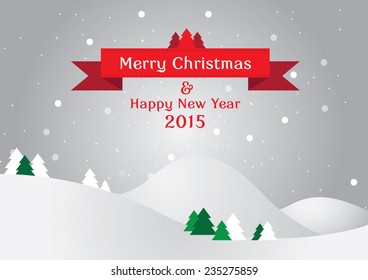 Christmas landscape background with snow and tree, wish card