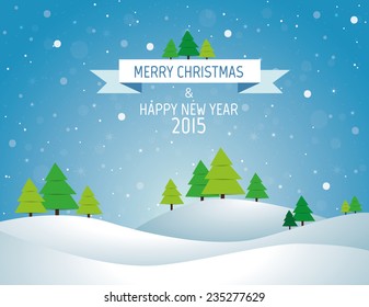 Christmas landscape background with snow and tree, wish card