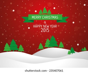 Christmas landscape background with snow and tree, wish card