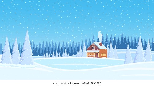 Christmas landscape background with snow and tree. Merry christmas holiday. New year and xmas celebration. Vector illustration in flat style