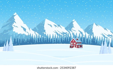 Christmas landscape background with snow and tree. Merry christmas holiday. New year and xmas celebration. Vector illustration in flat style