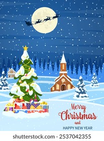 Christmas landscape background with snow and tree. Merry christmas holiday. New year and xmas celebration. Vector illustration in flat style