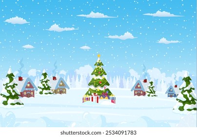 Christmas landscape background with christmas tree with gifbox. Merry christmas holiday. New year and xmas celebration. Vector illustration in flat style