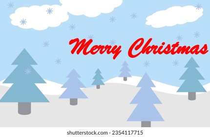 Antecedentes del paisaje navideño. Árboles de Navidad en terreno de nieve y cielo azul y Feliz Navidad Textos
