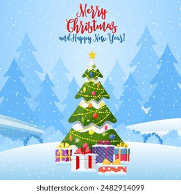 Christmas landscape background withwith christmas tree with gifbox. Merry christmas holiday. New year and xmas celebration. Vector illustration in flat style