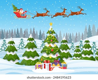 Christmas landscape background withwith christmas tree with gifbox and Santa Claus riding on sleigh. Merry christmas holiday. New year and xmas celebration. Vector illustration in flat style