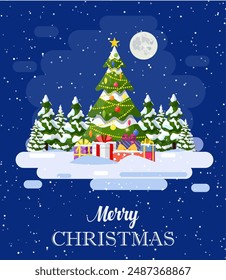 Christmas landscape background withwith christmas tree with gifbox. Merry christmas holiday. New year and xmas celebration. Vector illustration in flat style