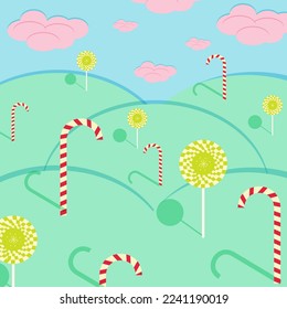 Christmas landscape with candy cane, lollipops on green hills with clouds of cotton candy in the blue sky. Flat concept for a confectionery advertising banner.