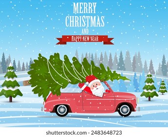 Christmas landscape card design of retro car driving by Santa with tree on the top. Merry christmas holiday. New year and xmas celebration. Vector illustration in flat style