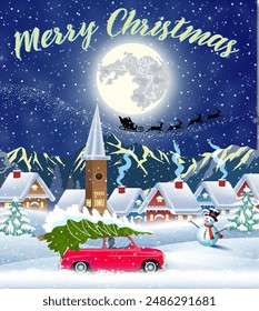 Christmas landscape card design of retro car with tree on the top. background with moon and the silhouette of Santa Claus flying on a sleigh. concept for greeting or postal card, vector illustration