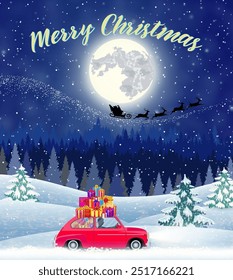 Christmas landscape card design of retro car with giftbox on the top. background with moon and the silhouette of Santa Claus flying on a sleigh. concept for greeting or postal card,