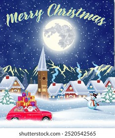 Christmas landscape card design of retro car with giftbox on the top. background with moon and the Santa Claus drivinng on a car. concept for greeting or postal card,