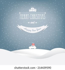 Christmas landscape card design with small car. Eps10 vector illustration.