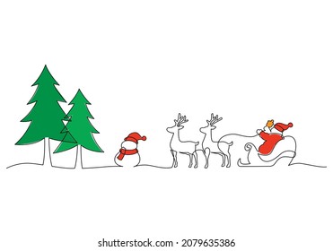 Christmas landscape continuous line drawing. Santa in sleigh with deers, snowman, trees. Concept of Christmas. Holiday, New year.
 Vector illustrations on white background.