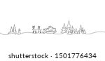 Christmas landscape continuous one line vector drawing. Santa in sleigh with deers, trees, snowdrifts, snowman hand drawn silhouette. Winter nature panoramic sketch. New Year contour illustration