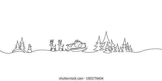 Christmas landscape continuous one line vector drawing. Santa in sleigh with deers, trees, snowdrifts, snowman hand drawn silhouette. Winter nature panoramic sketch. New Year contour illustration