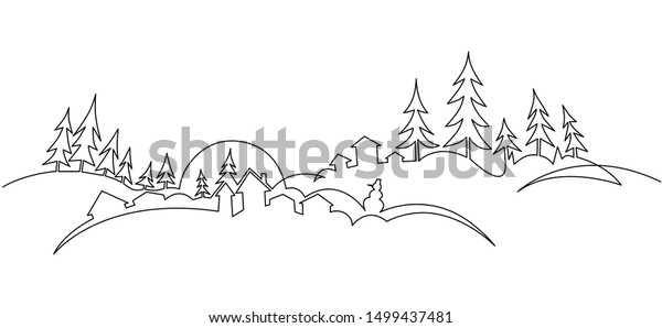 クリスマスの風景連続1行ベクター画像 丘 木 雪吹き 雪だるま手描きのシルエット 冬の自然のパノラマスケッチ 新年のミニマリズムの輪郭イラスト のベクター画像素材 ロイヤリティフリー
