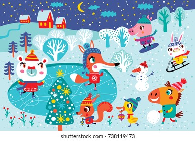 Christmas landscape with cute animals. Childish vector illustration. Winter outdoor activity.