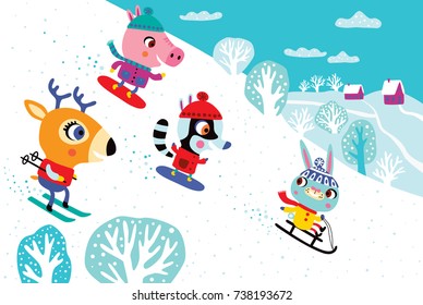 Christmas landscape with cute animals. Childish vector illustration. Winter outdoor activity.