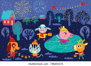 Christmas landscape with cute animals. Childish vector illustration. Winter outdoor activity. Fairytale night.