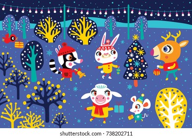 Christmas landscape with cute animals. Childish vector illustration. Winter outdoor activity. Fairytale night.