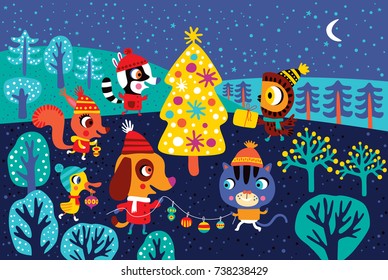 Christmas landscape with cute animals. Childish vector illustration. Winter outdoor activity. Fairytale night.