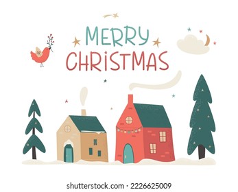 Christmas landscape with cute decorated houses and candle in a window, pine trees, stars, cloud and bird. Christmas eve concept. Retro vector illustration
