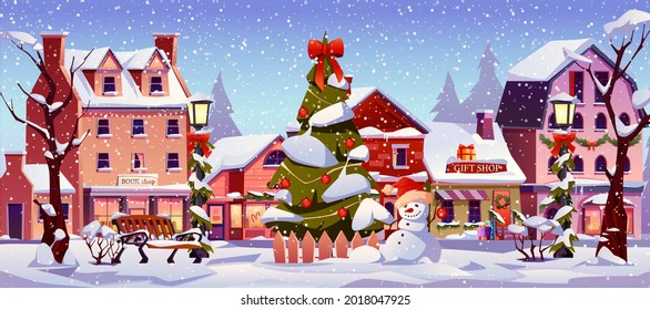 Christmas landscape at day time, decorated houses snowfall, Xmas tree with garlands and decorations, winter time. Vector snowman and lanterns, snowflakes and houses with chimneys, gift boxes, shop