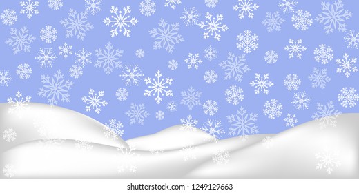Christmas landscape with falling snowflakes. Snow background. Realistic snowdrift isolated. Vector illustration.
