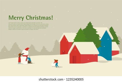 Christmas landscape. Family makes a snowman before Christmas. Flat winter vector illustration.