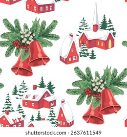 Christmas landscape, fir branch with red bells, mistletoe, church, house, tree, snow seamless pattern. Winter village holiday wallpaper.