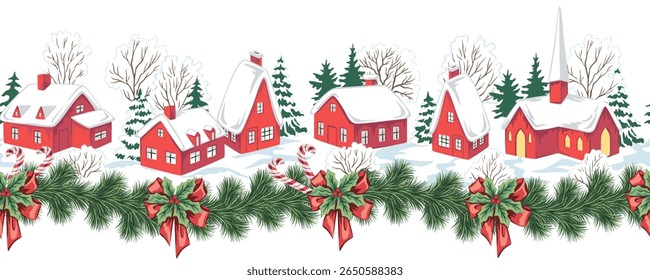 Paisagem de Natal, abeto, igreja, casa, neve, fir garland, cana de doces, visco fronteira sem costura. Mural de férias da vila de inverno.