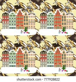 Christmas landscape flat. Greeting card. Vector illustration.