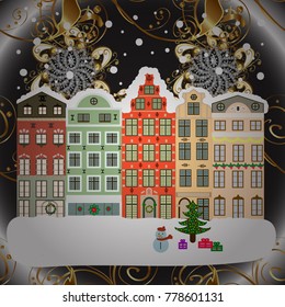 Christmas landscape flat. Greeting card. Vector illustration.