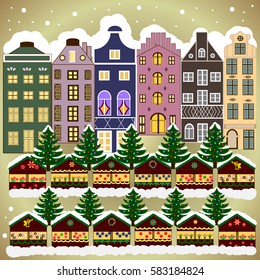Christmas landscape flat Vector illustration.