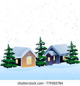 Christmas landscape in the forest, two winter houses and pine in the snow, cartoon vector