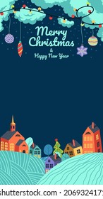 Christmas landscape with garland and tree toys decoration. Cute colorful houses with illuminated windows and Xmas tree in small town in the evening. Vertical card, poster, flyer, social media story