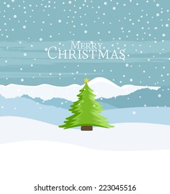 Christmas landscape and green Christmas tree in the background