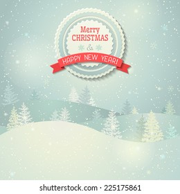 Christmas landscape. Light winter background. Vintage badge and ribbon. There is place for your text.