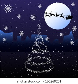 Christmas landscape with the moon. Santa Claus in a sleigh in flight. Stock
