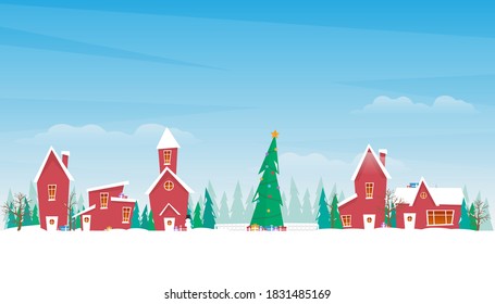 Christmas landscape. New Year's atmosphere in a small town. Christmas in a small town. Winter landscape. Vector illustration.