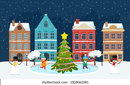 Christmas landscape with night old town and christmas tree. Children skating on ice rink around decorated fir tree. Vector illustration for holiday Xmas and New Year.