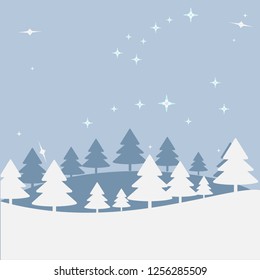 Christmas landscape at night. Postal map with a hill, trees, star sky. Greeting or postal map, paper of Art of vectorial illustration, hills of winter are Constellation of little and large female bear