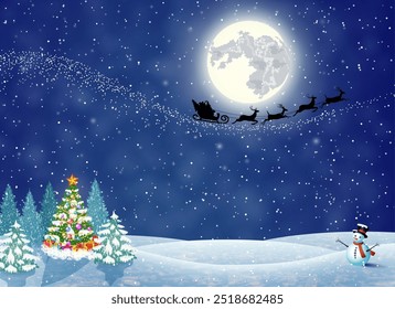 Paisaje de las Navidades en la noche. árbol de navidad y muñeco de nieve. fondo con la luna y la silueta de Santa Claus que vuela en un trineo. concepto para la tarjeta de felicitación o postal