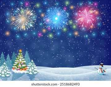 Christmas landscape at night. christmas tree and snowman. concept for greeting or postal card. fireworks in the sky.