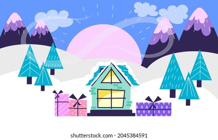 Christmas landscape on background of mountains, trees and houses in a Scandinavian flat style.Vector illustration of winter background for web and postcards.